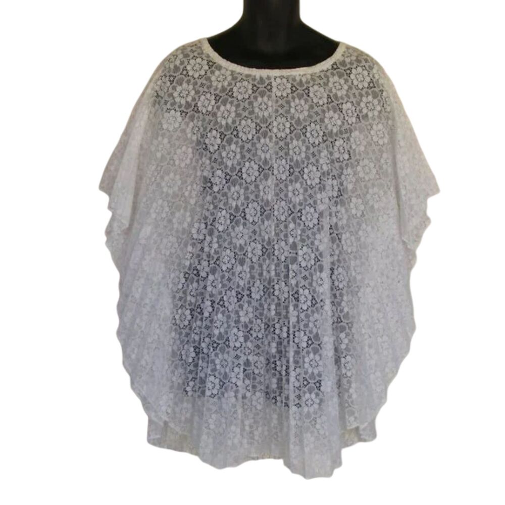 Vintage Swim Cover, OS, White Floral Lace, Neck string, Pullover